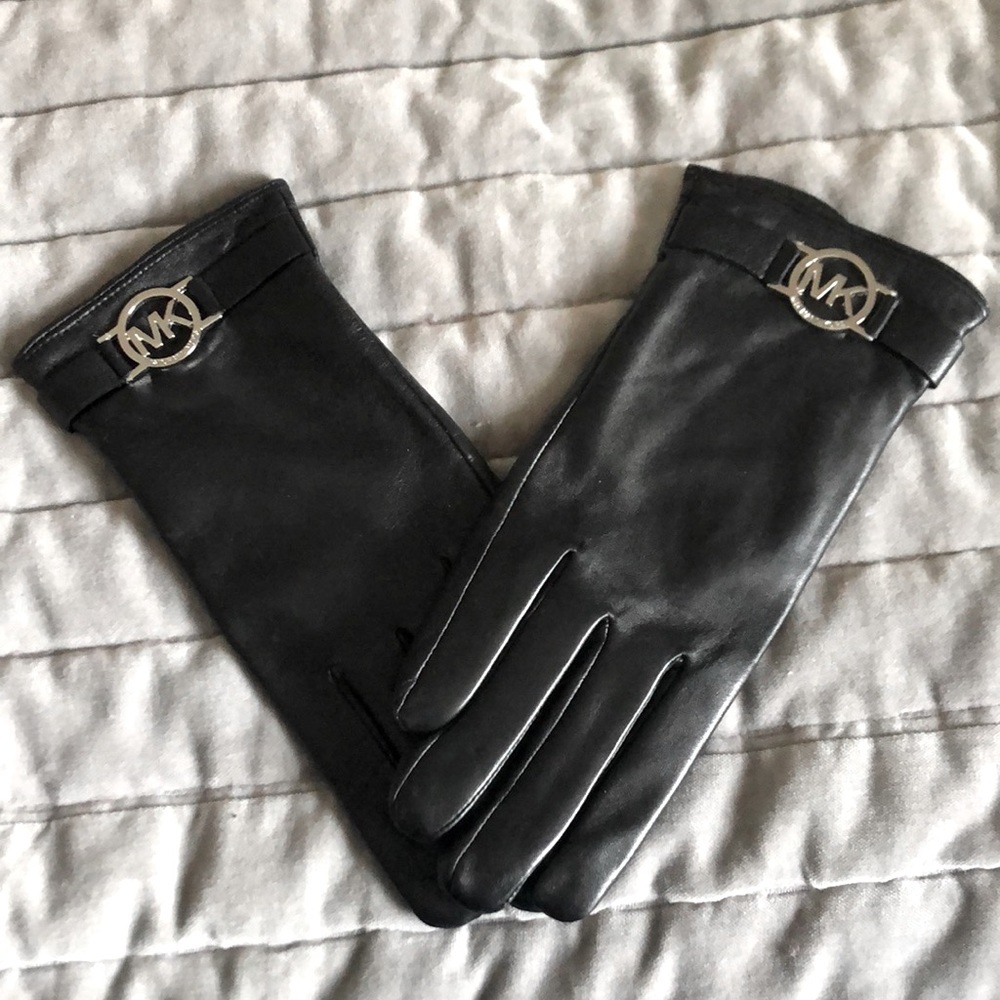Michael Kors black leather gloves silver MK logo